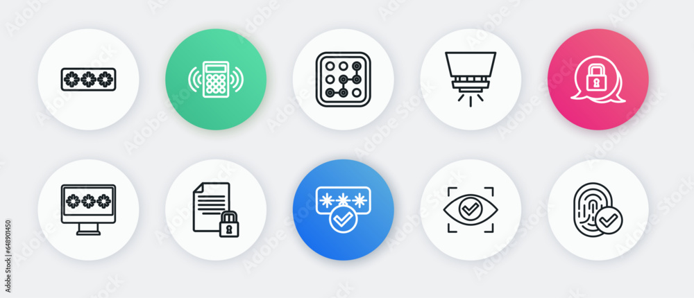 Set line Password protection, Lock, Monitor with password, Eye scan, Fire sprinkler system, Graphic, Fingerprint and Document and lock icon. Vector Set line Password protection, Lock, Monitor with password, Eye scan, Fire sprinkler system, Graphic, Fingerprint and Document and lock icon. Vector