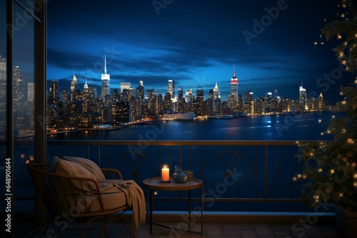 Beautiful balcony with a cityscape skyline view. Modern Architecture. Night city view.