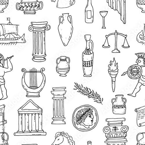 Antique column, vases, harp, olive branch, coin, architecture, scales, warrior. Ancient Greek style. Pattern. Seamless. Doodle. Vector illustration. Hand drawn. Outline.