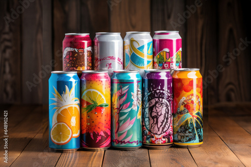 Collection of bright and colorful soda cans, a refreshing sight.