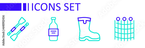 Set line Fishing net pattern, boots, Bottle of vodka and Oars or paddles boat icon. Vector