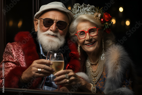 Delighted mature gray-haired Caucasian couple, fashionably dressed, enjoying a family weekend in retirement, sitting at the table and celebrating the holiday. Creative older people.