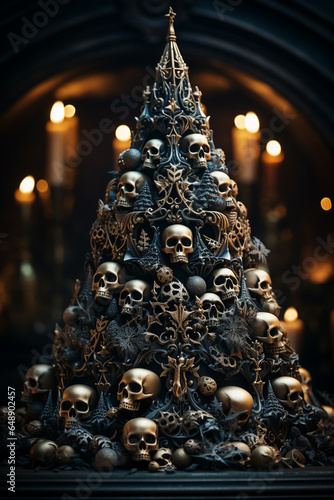 Dark fantasy ornamental Christmas tree made of skulls with candles in the background, gothic mystic holidays