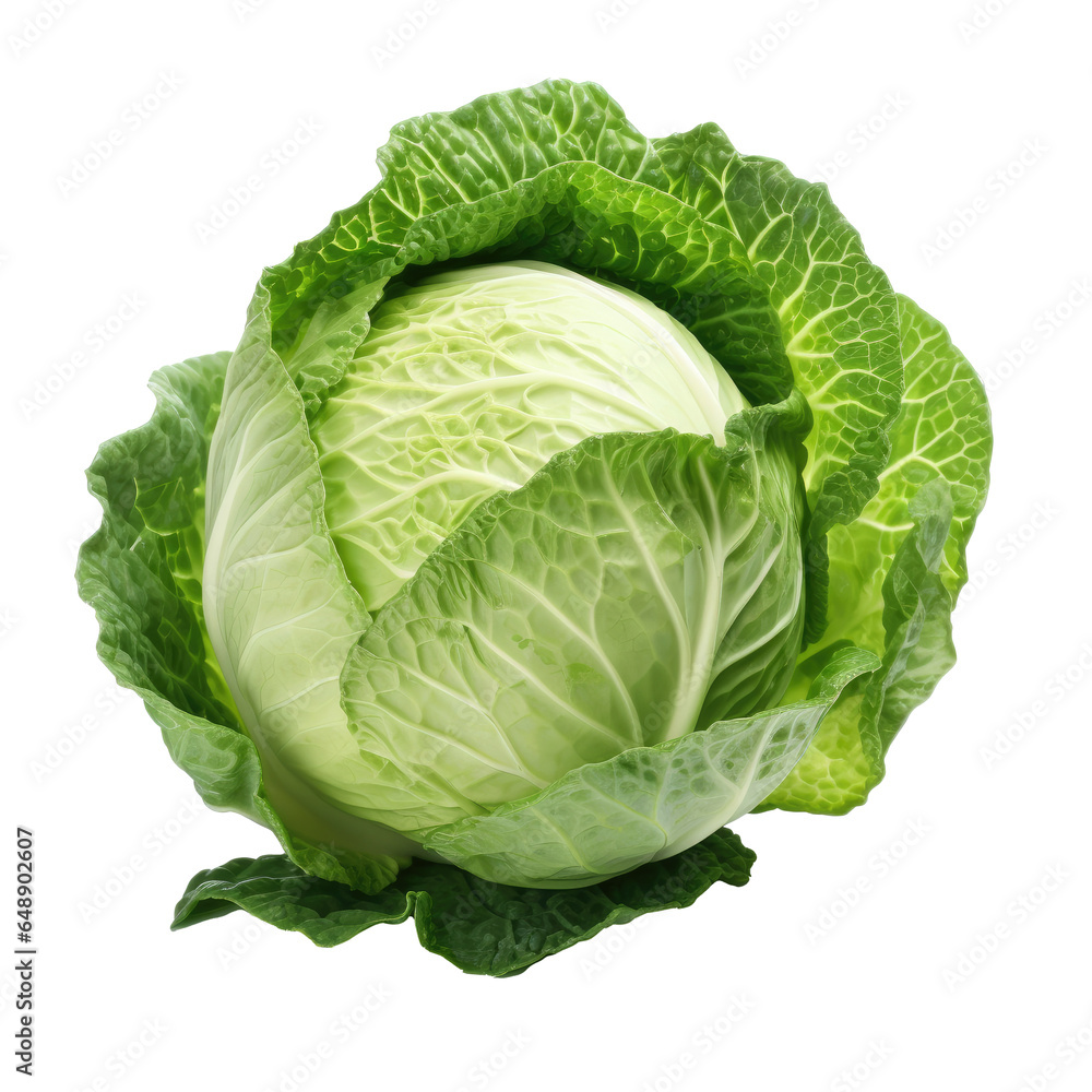 Fototapeta premium Cabbage isolated in transparent background. Close up of a cabbage on a white background. Perfect for food designs, health and wellness content, recipe books, and vegetarian marketing materials