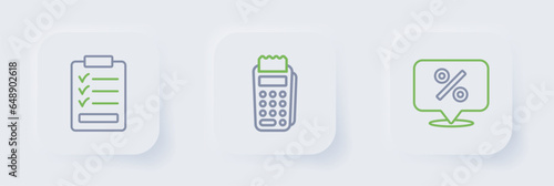 Set line Discount percent tag, POS terminal and Clipboard with checklist icon. Vector