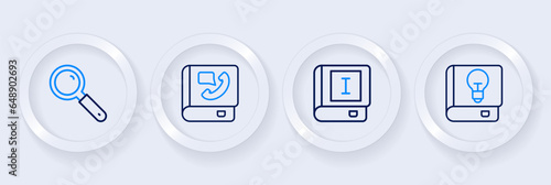 Set line User manual, Book, Phone book and Magnifying glass icon. Vector