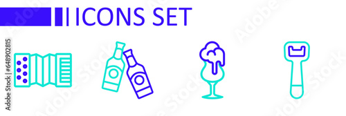 Set line Bottle opener, Glass of beer, Beer bottle and Accordion icon. Vector
