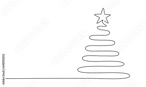 Christmas tree - hand drawing one single continuous line. Vector stock illustration isolated on white background for design template winter banner, greeting card, invitation. Editable stroke.