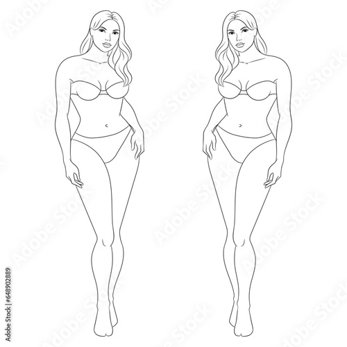 Plus size female fashion figure posing, vector template. Curvy woman body vector line illustration. Curvy fashion model croqui.