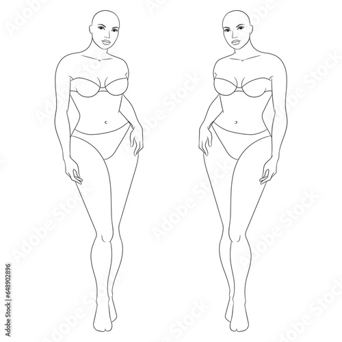 Plus size female fashion figure posing, vector template. Curvy woman body vector line illustration. Curvy fashion model croqui.