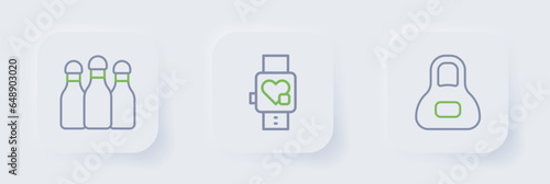 Set line Weight, Smart watch with heart and Bowling pin icon. Vector