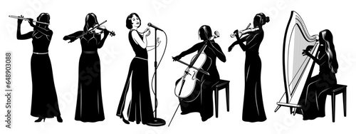 Woman music band with vocalist. Silhouettes Set. Women singing, playing on violins, cello, celtic harp and flute folk and classic music. Vector cliparts isolated on white.