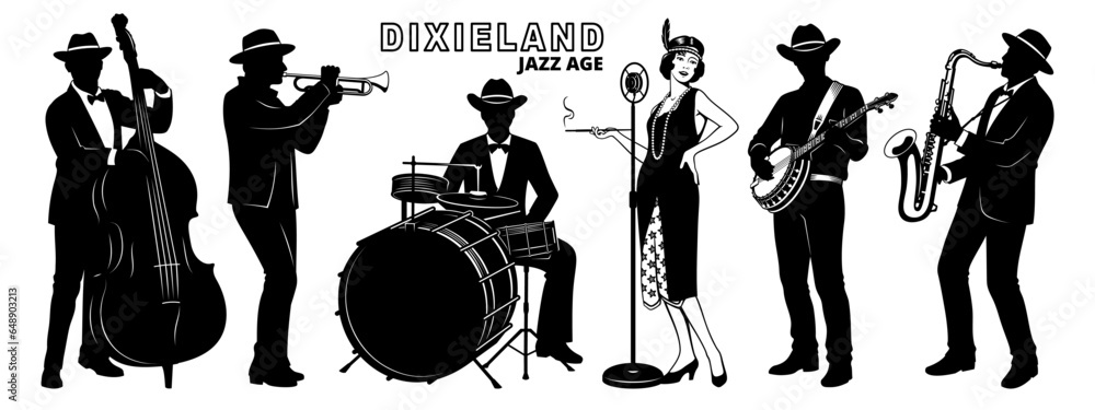 Fototapeta premium Retro Dixieland Jazz Band of 20s. Silhouettes Set. Flapper girl singing, men playing on double bass, saxophone, banjo, trumpet and drums. Vector cliparts isolated on white.