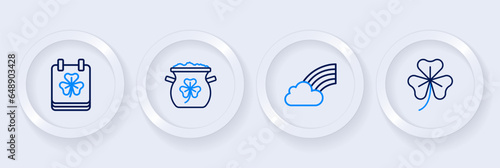 Set line Clover trefoil leaf, Rainbow with cloud, Pot of gold coins and Saint Patricks day calendar icon. Vector