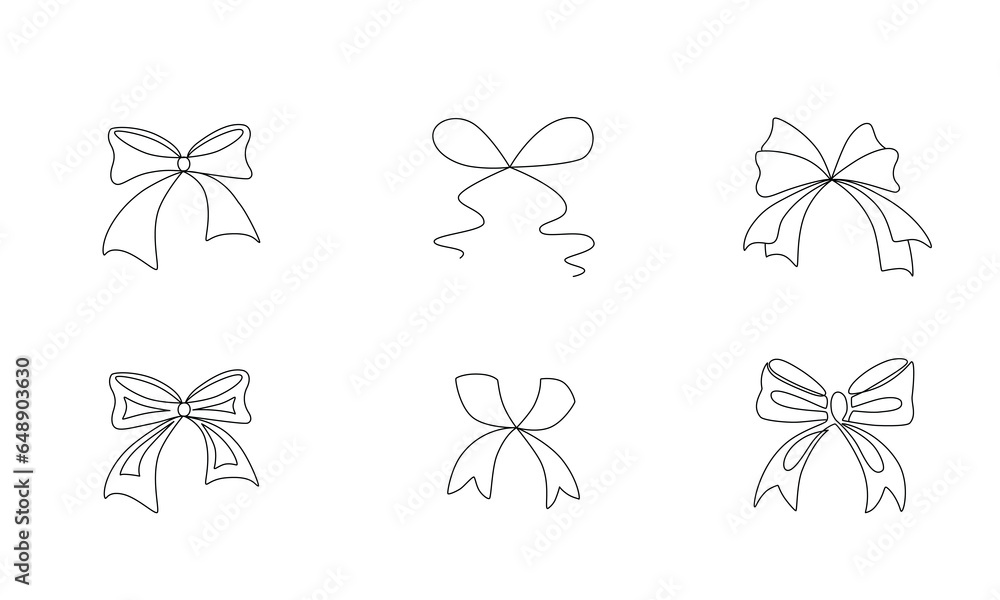 Tied ribbon bow hand drawing one line set. Vector stock illustration ...