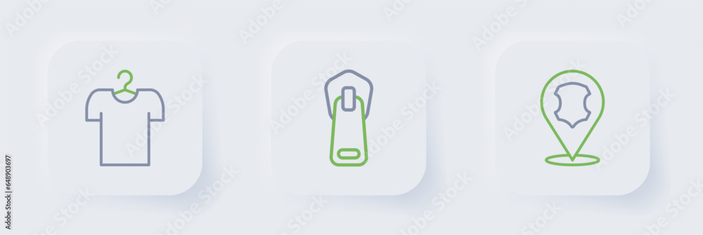 Set line Leather, Zipper and T-shirt on hanger icon. Vector Set line Leather, Zipper and T-shirt on hanger icon. Vector
