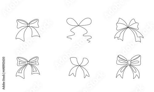 Tied ribbon bow hand drawing one line set. Vector stock illustration isolated on white background for design template Christmas, Birthday greeting card, invitation or presentation. Editable stroke.
