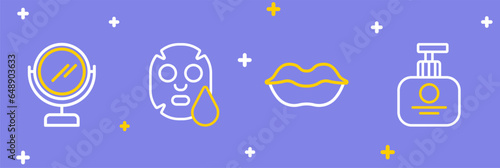 Set line Tube of hand cream, Smiling lips, Facial cosmetic mask and Round makeup mirror icon. Vector