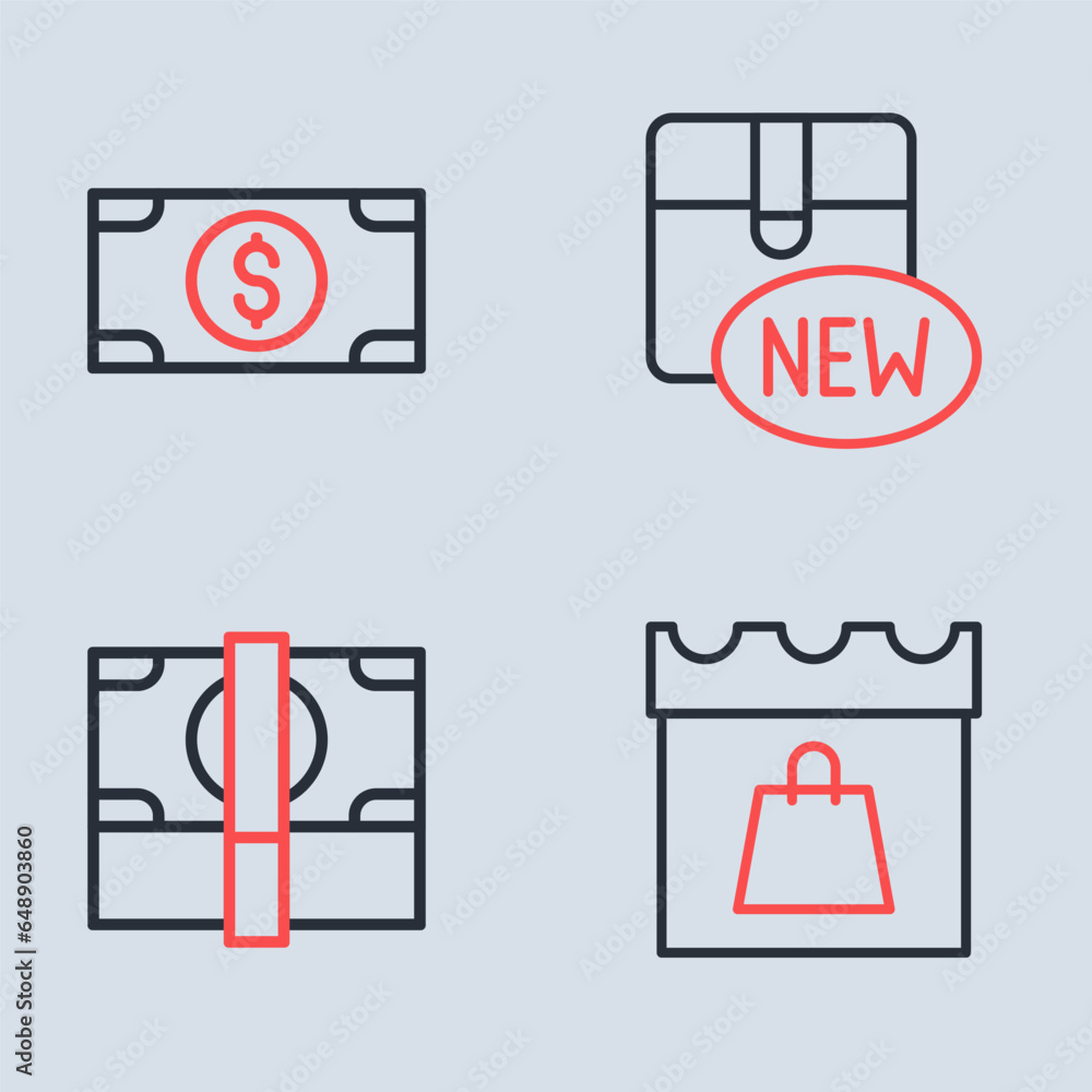 Set line New collection, Stacks paper money cash, Shopping day and icon. Vector Set line New collection, Stacks paper money cash, Shopping day and icon. Vector