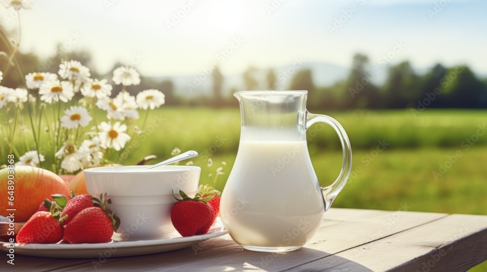 Fototapeta premium jug with milk and fresh fruits summer field background