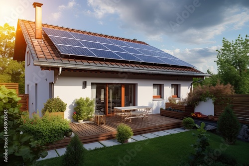 Solar panels on the roof of a small house. Photovoltaic panels on the roof. View of solar panels on the roof of a house. Green energy and energy saving.