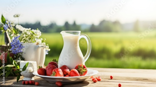 jug with milk and fresh fruits summer field background