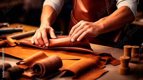 Tailor cobbler hold different rolls natural brown leather, working with textile in workshop