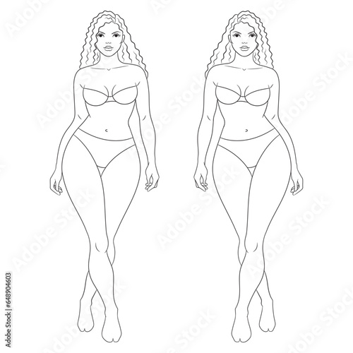 Plus size female fashion figure , vector template. Curvy woman body vector line illustration. Curvy fashion model walking.