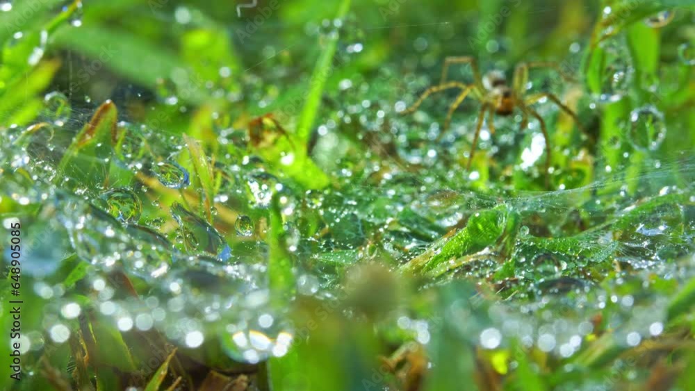 .Zoom in on the clear dew drops following the blades of grass..Clear dew drops cling to the blades of grass. Spider waiting to catch..green leaf of grass and dew background..beautiful natural life. .Zoom in on the clear dew drops following the blades of grass..Clear dew drops cling to the blades of grass. Spider waiting to catch..green leaf of grass and dew background..beautiful natural life.