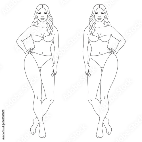 Plus size female fashion figure posing, vector template. Curvy woman body vector line illustration. Curvy fashion model croqui.