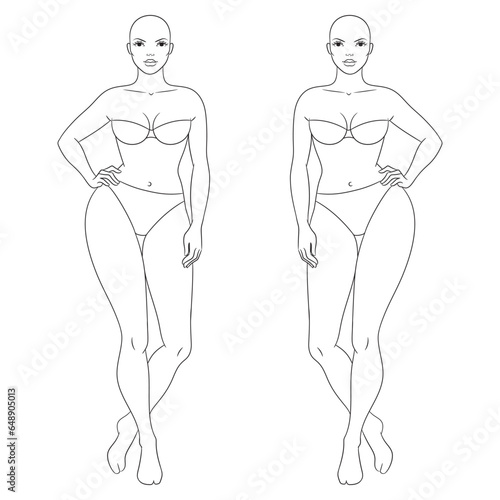 Plus size female fashion figure posing, vector template. Curvy woman body vector line illustration. Curvy fashion model croqui.