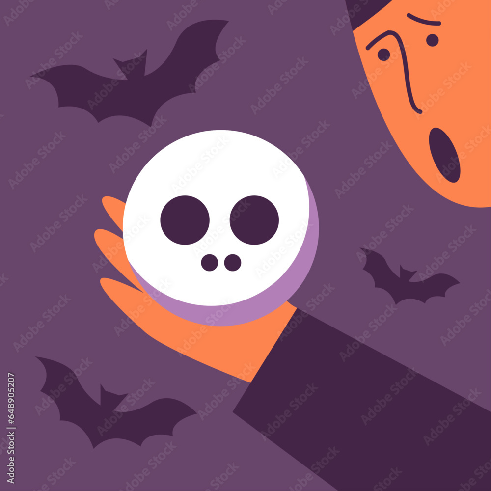 Halloween 2023 celebration concept. Scared guy holding a skull in his hand. Scary atmosphere with bat silhouette. Flat vector illustration in cartoon style. Halloween 2023 celebration concept. Scared guy holding a skull in his hand. Scary atmosphere with bat silhouette. Flat vector illustration in cartoon style.