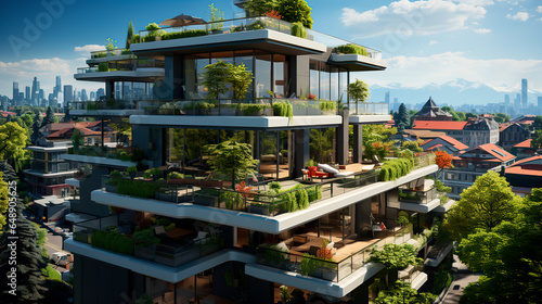 Modern residential district with green roof and balcony.  © Александр Марченко