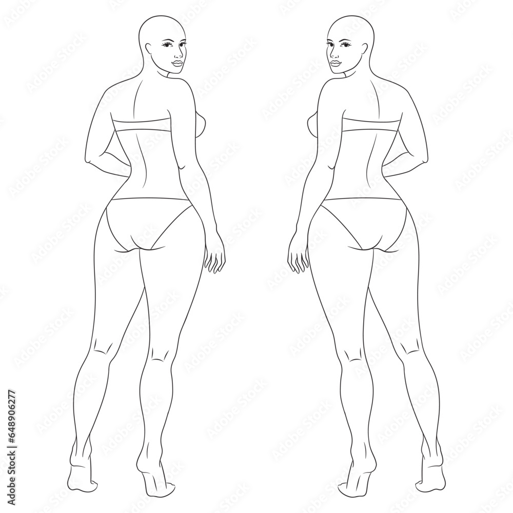 Plus size female fashion figure posing, vector template. Curvy woman body , back view, vector line illustration. Curvy fashion model croquis. Plus size female fashion figure posing, vector template. Curvy woman body , back view, vector line illustration. Curvy fashion model croquis.