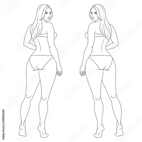 Plus size female fashion figure posing, vector template. Curvy woman body , back view, vector line illustration. Curvy fashion model croquis.