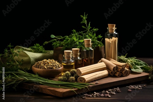 Healing herbs  essential oils  and botanical blends on the wooden table. Herbal medicine. Natural remedy. Natural supplements.