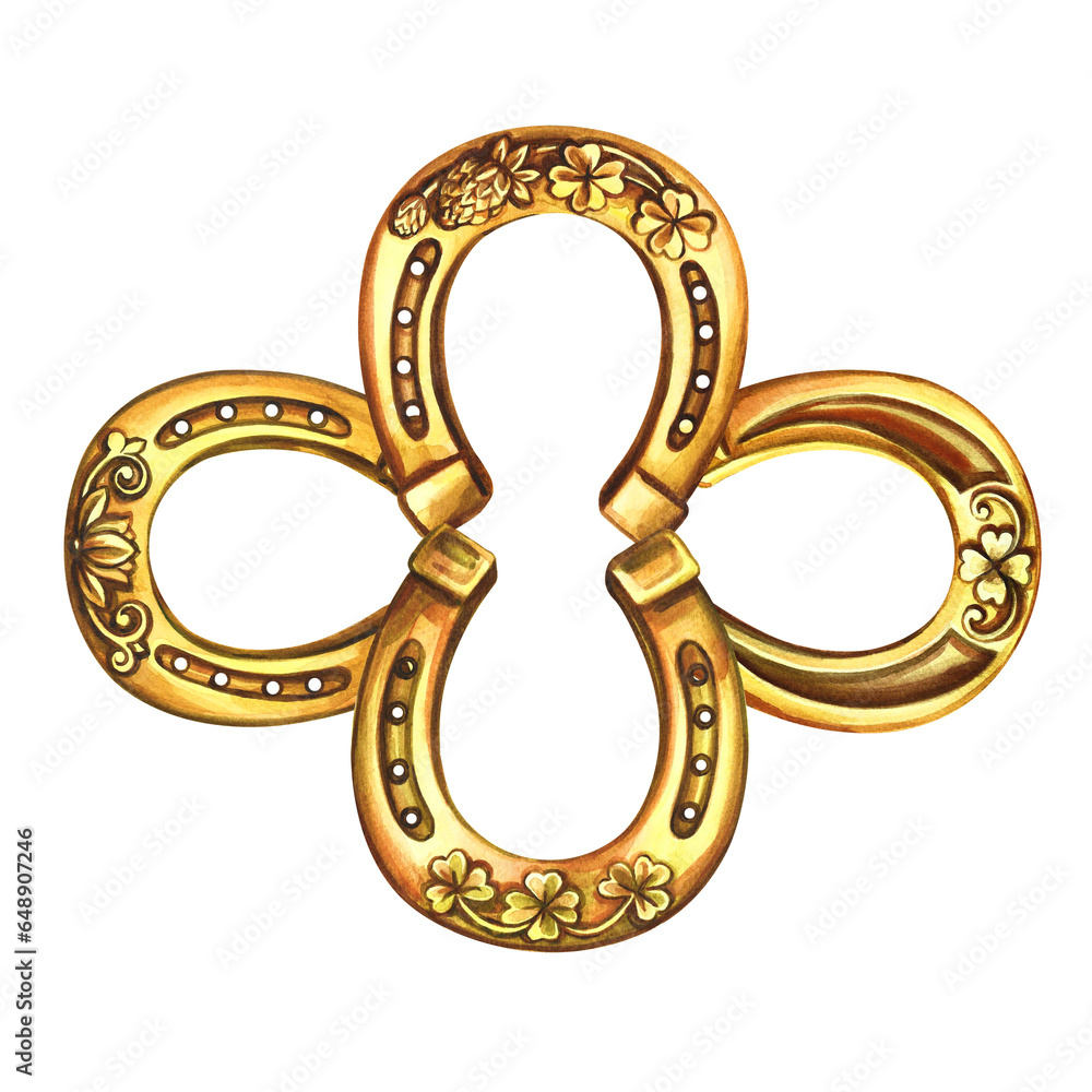 A composition of four horseshoes in the shape of a cross with a printed four-leaf clover. A symbol of good luck. Handmade watercolor illustration. Isolate. For printing, stickers and labels. A composition of four horseshoes in the shape of a cross with a printed four-leaf clover. A symbol of good luck. Handmade watercolor illustration. Isolate. For printing, stickers and labels.
