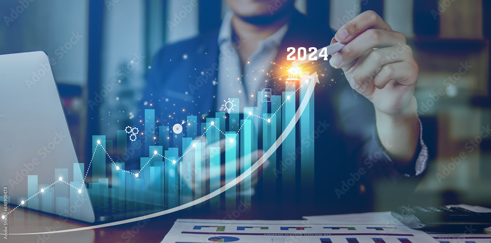 2024 Year, Growing chart of the year, Business growing graph in year 2024, and business analyzing company financial balance, Summary data and long term investment growth target. - obrazy, fototapety, plakaty 