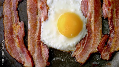 Sizzle and Sunshine: Close-Up of Cooking Bacon and Egg in a Pan in 4K Video