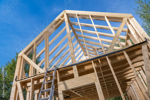 Wooden Skeleton Frame of Newly Building Small House.