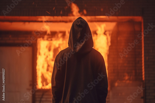 Silhouette of man standing in front of burning building
