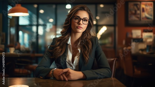 Beautiful glasses-wearing businesswoman sitting in a cafeteria. waiting for a business meeting.