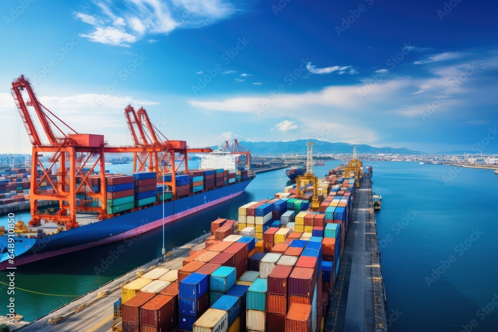 Aerical view of a busy seaport with cargo ships being loaded and ...