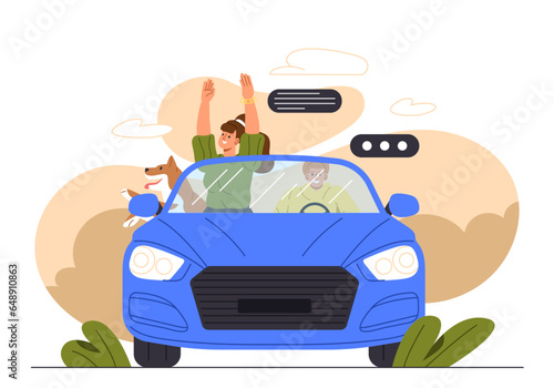 Couple traveling at car concept. Man and woman with dog in transport. Travellers at trip at road. Journey and vacation, holiday. Guy and girl at vehicle. Cartoon flat vector illustration