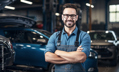 Handsome auto mechanic in safety glasses stands in a car repair shop with his arms crossed and smiles at the camera. Professional auto workshop. Generative AI. © Andrey_Lobachev