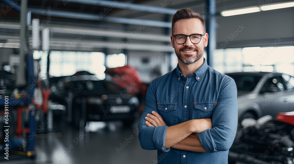 Handsome auto mechanic in safety glasses stands in a car repair shop with his arms crossed and smiles at the camera. Professional auto workshop. Generative AI. Handsome auto mechanic in safety glasses stands in a car repair shop with his arms crossed and smiles at the camera. Professional auto workshop. Generative AI.