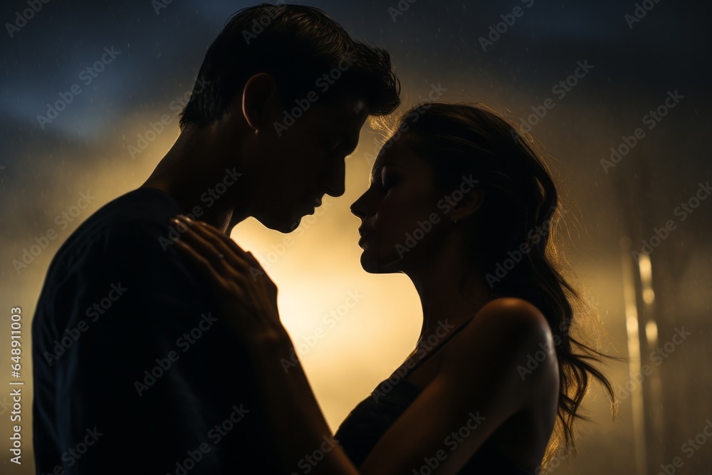 Bathed in a lustrous golden hue, a couple finds solace in each other's embrace, their closeness glowing with the richness of love, symbolizing the timeless allure and warmth of deep connection.

