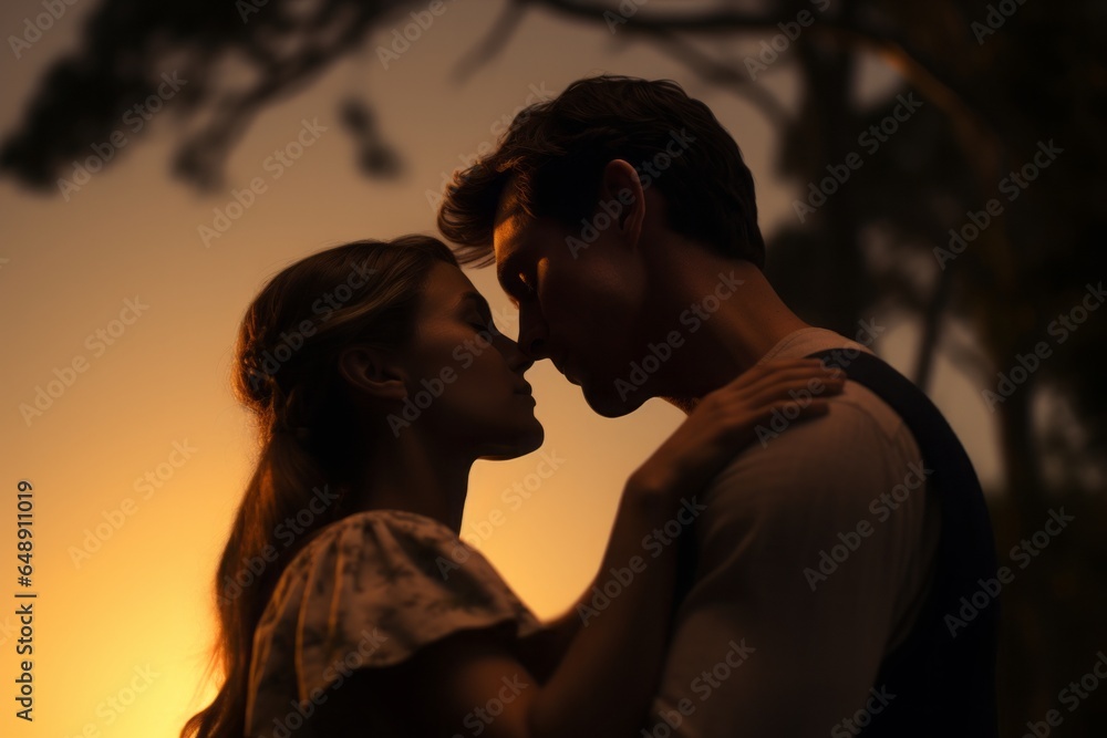 A couple holds each other tenderly, positioned perfectly between the rising sun, casting a golden hue, embodying unity, warmth, and the promise of a new day. A couple holds each other tenderly, positioned perfectly between the rising sun, casting a golden hue, embodying unity, warmth, and the promise of a new day.