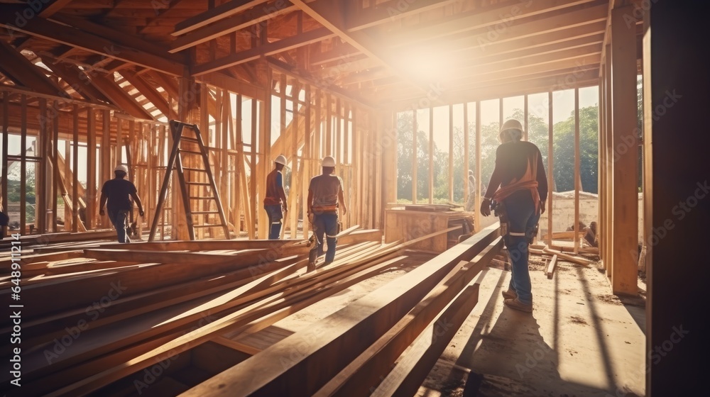 Workers inside construction site of family wooden frame house