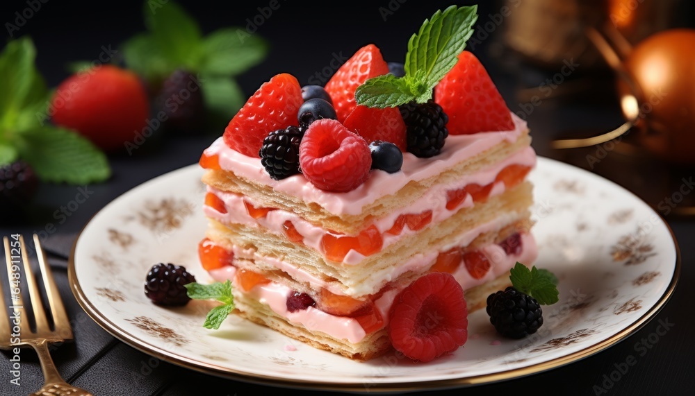 cheesecake with strawberries, a delicious piece of berry layer cake. Generative AI cheesecake with strawberries, a delicious piece of berry layer cake. Generative AI